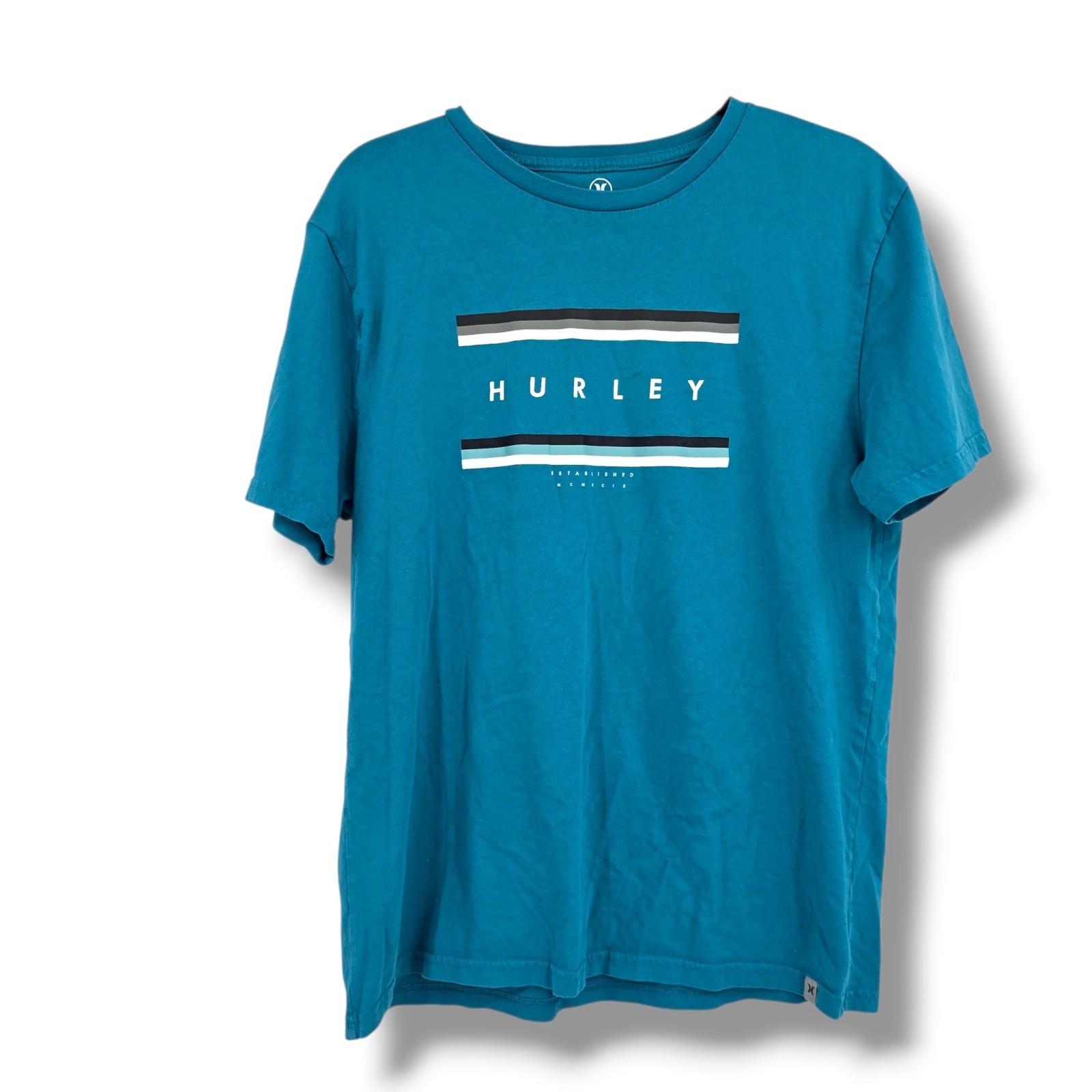 Hurley Mens Medium Teal Blue Graphic Logo Short Sleeve Cotton Crew Neck T-Shirt