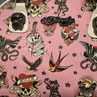 Ed Hardy Tattoo Hearts Skull Eagle Tiger Pink Satchel Crossbody