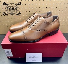 NEW Salvatore Ferragamo Riley Brown Pebbled Cap Toe Oxfords Mens Sz 10.5 E