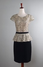 ANTONIO MELANI $169 Beige Lace Black Stretch Peplum Pencil Dress Size 8