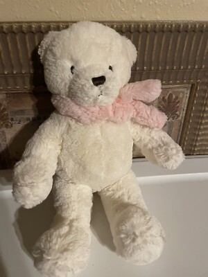 Brookstone NAP Plush Teddy Bear White 15 Inch Pink Scarf Stuffed Animal Soft
