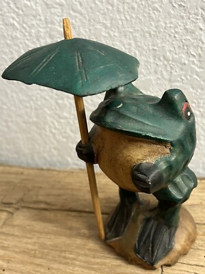 VTG Woodcarving Raintree Frog Figurehead Asia Umbrella Hand Carved & Painted