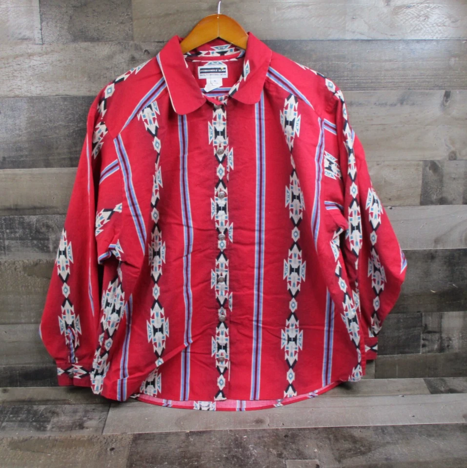 Camisa ajustada vintage Panhandle para mujer XL roja con botones vaquero azteca occidental rodeo Foto 2 de 4
