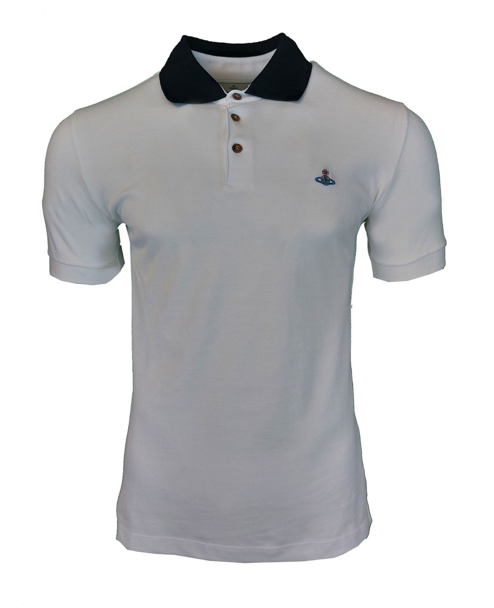 VIVIENNE WESTWOOD WHITE POLO WITH BLACK COLLAR EMBROIDERED ORB LOGO T-SHIRT - Main Image