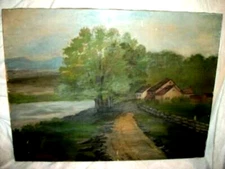 1890s French Folk Art Oil Painting Naive Country House Landscape Nailheads