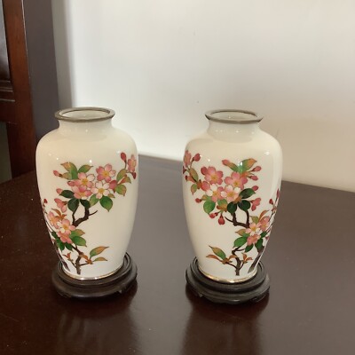 Vintage Beautiful Cherry Blossom Japan Sato 5  Cloisonné Vases w/Stand~Set Of 2