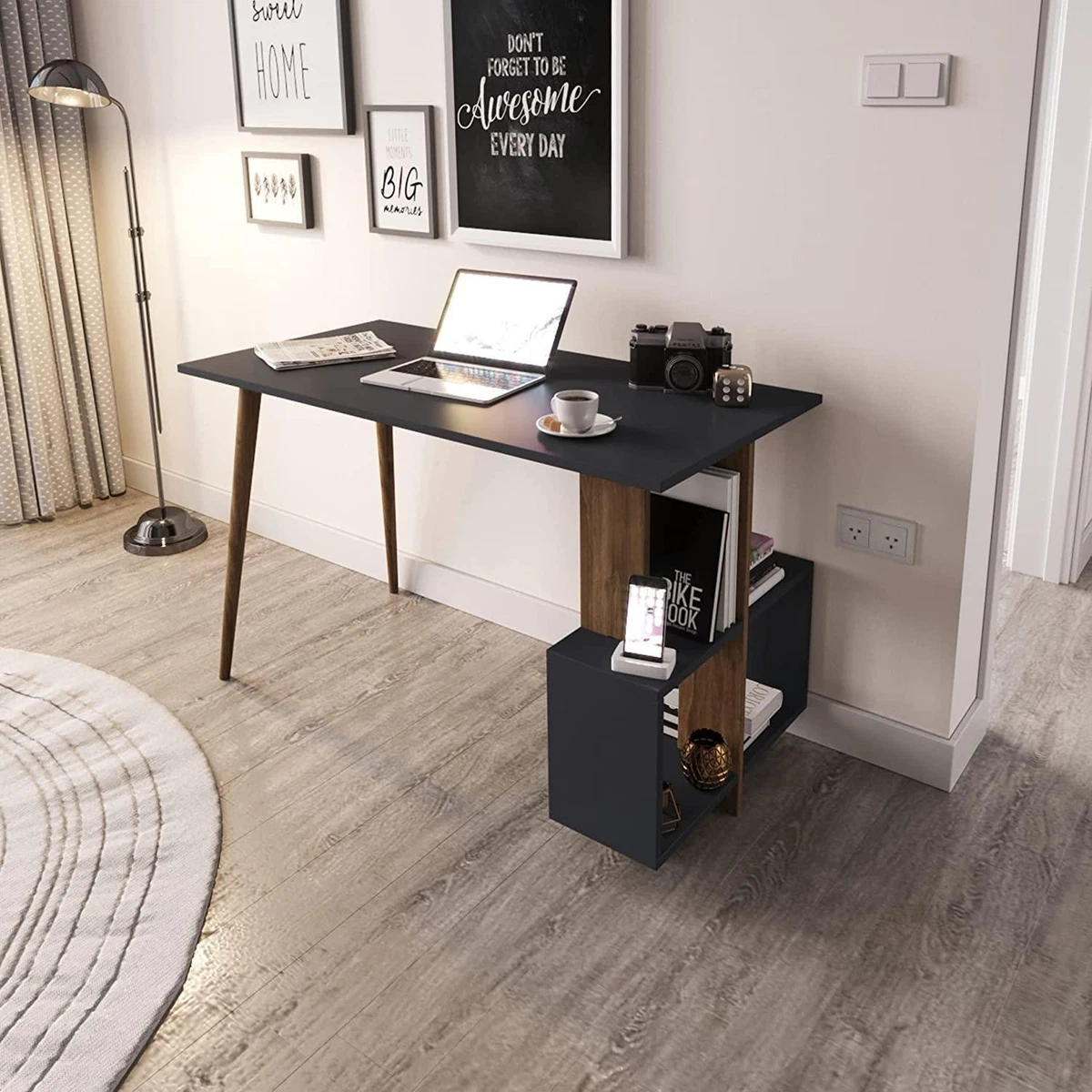 Grey Office Desk Computer PC Table Open Storage Shelves Beech Wood
