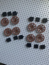 Lego 4x4 Wagon Wheels (Reddish Brown) w/ Black Axle 20 pieces as shown in picts