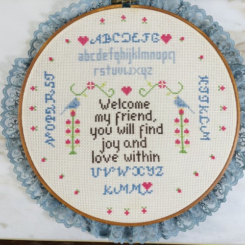 Vtg 12” Cross Stitch Hoop Framed Alphabet Sampler Round Lace Country Cottage