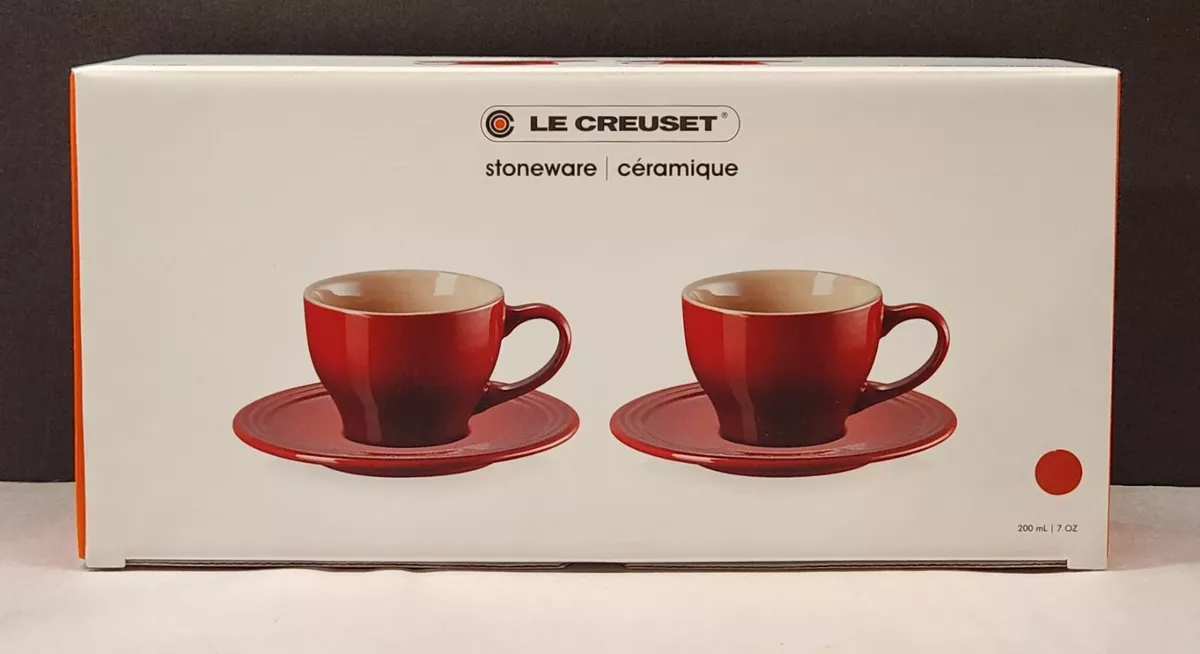 Le Creuset Set of 2 Stoneware Cappuccino Cups Saucers 7oz 200 ml Cerise Red  NIB