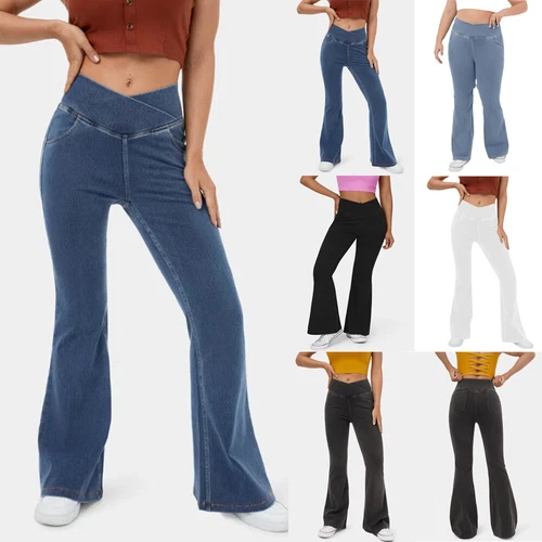 Ladies Stretch Elastic Waist Pockets Flared Pants Jeans Denim Trousers PLUS-SIZE