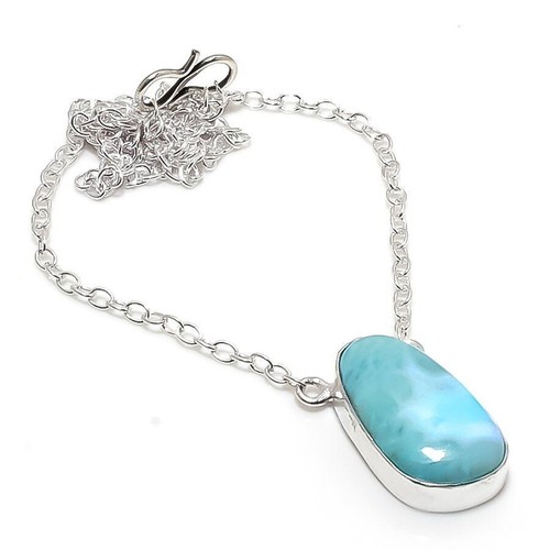 Collier En Larimar Naturel - Pendentif Poire Bleu 38mm, Argent 925, Réglable 46-48cm - Neuf Avec étiquettes