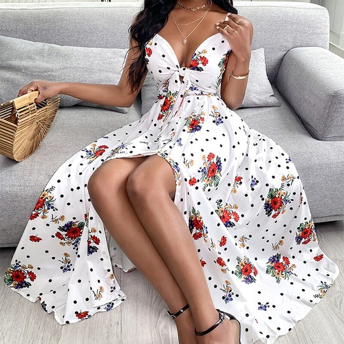 Damen Blumen Lange Kleider Bindeband Straps Sommer Maxi Boho Urlaub Strand Sommerkleid - Bild 6 von 32