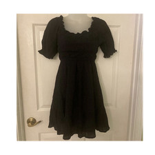 Black Short Fit  Flare Dress Puff Sleeve Square Neck Ruffle Smocked Polyester S