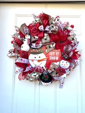 Handmade Snowman Wreath   Red  White  Let It Snow  Christmas Deco Mesh Wreath