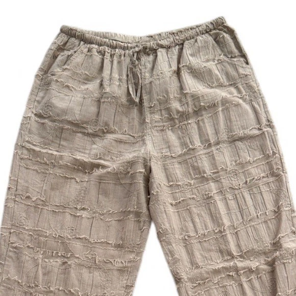 Lulu B Wide Leg Pull On Pants Womens XL Embroidered Boho Cotton Beige Pockets - Image 2 of 4