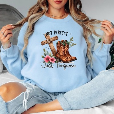 Not Perfect Just Forgiven Christian Cross Cowboystiefel Damen Sweatshirt