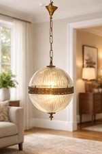 Lampada a sospensione vintage globo in vetro a coste | Lampada da soffitto a sospensione in ottone antico