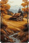 Vintage Rustic Cabin In Autumn Metal Tin Sign Wall Decor, 8 X 12 IN