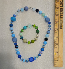 Blue Green Beaded Glass Necklace w/ Crystal Accents Hook Clasp 19-24 in