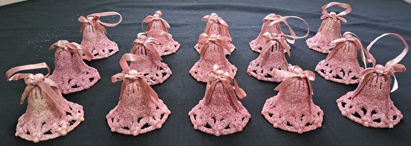 15 Vintage Pink Mica Glitter Sugar Bell Fancy Christmas Ornaments Satin Ribbons