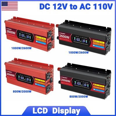 800W 1000W Power Inverter 12V to 110V Converter 2AC 2USB LCD Display Camping RV