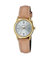 Reloj Casio Mujer Cuero Beige con Esfera Plateada - LTP-V002GL-7B3UDF