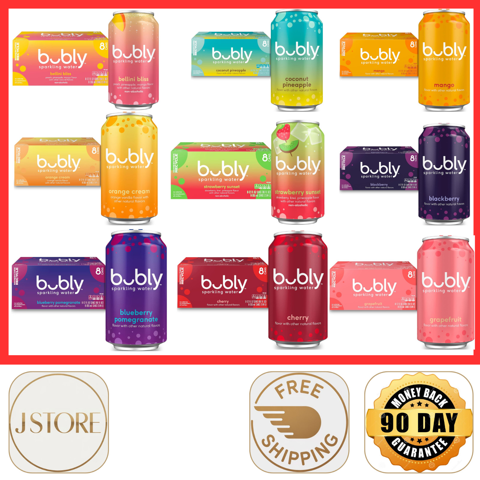 Agua con gas Bubly cero azúcar cero calorías seltzer latas de 12 fl oz, paquete de 8