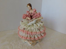 STUNNING DRESDEN FIGURINE - LADY ON CHAIR PLAYING HER MANDOLIN - GERMANY - MINT