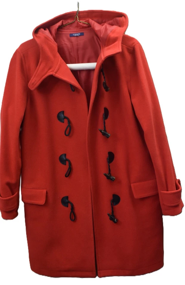 Chaps Ralph Lauren Women's XL Red Wool Winter Coat w/Hood Pockets Black Toggles - Image 2 of 4