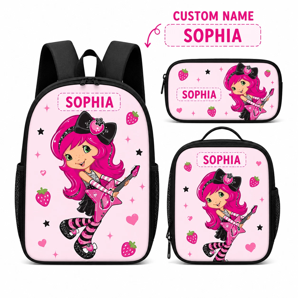 Personalized Strawberry Garden Backpack Set Custom Name School Bag & Lunch Bag