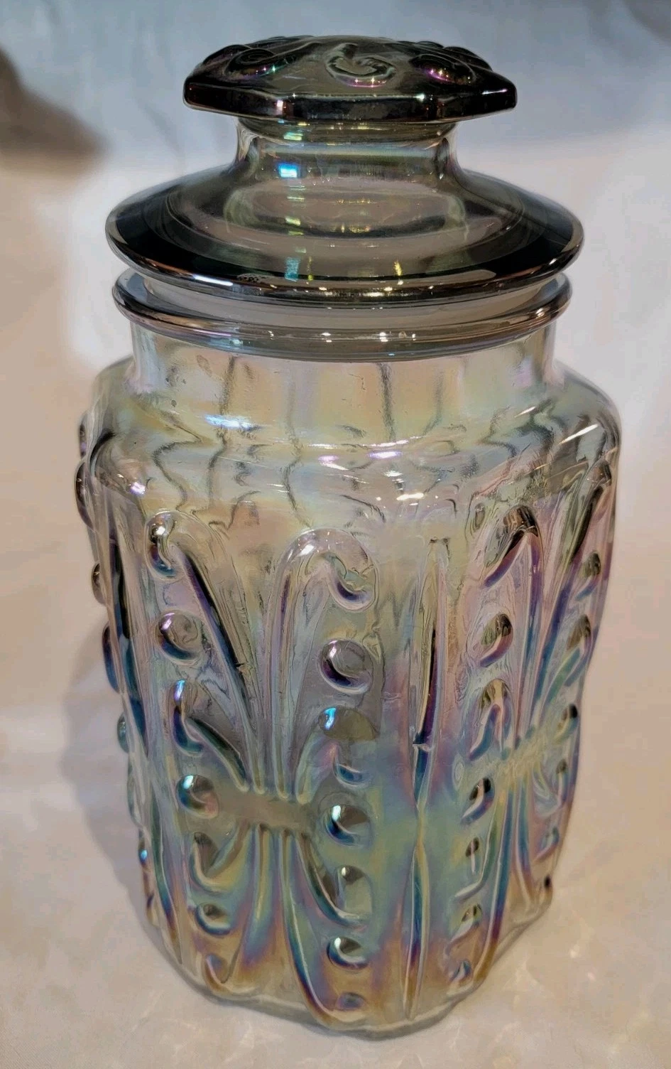 Vtg LE Smith Imperial Scroll Iridescent Smoke Carnival Glass Cannister Jar