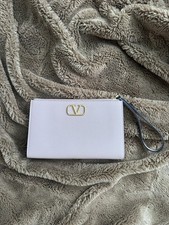Valentino Garavani Vlogo Flat Pouch Wristlet Clutch Beige Gold Logo Zipper