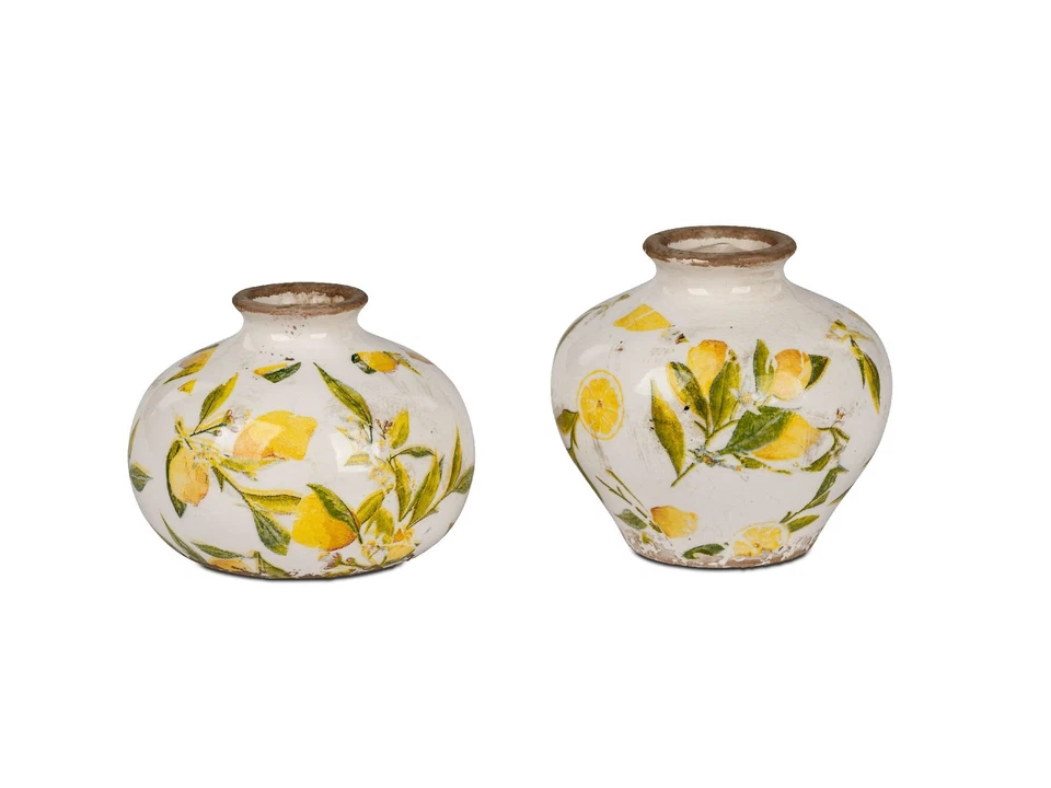 2er Set Dekovasen VINTAGE LEMON Zitronen 10 + 13cm weiß gelb antik Formano S25