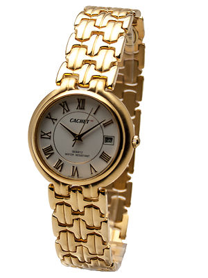 CACHET:STAINLESS STEEL GOLD FINISH LINK BAND ANALOG QUARTZ WHT DIAL,DATE WATCH 