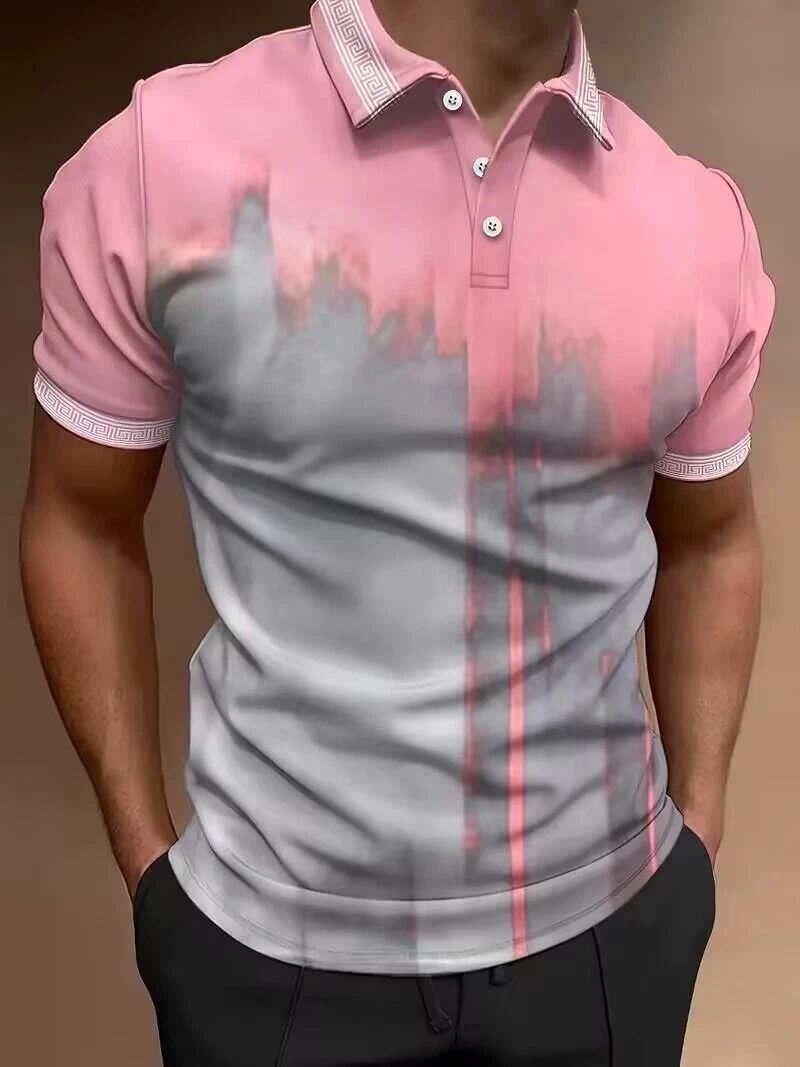 Polo T Shirt Casual Knit Gradient Color Short Sleeve Lapel Button-Up Shirt Pink - Picture 1 of 3