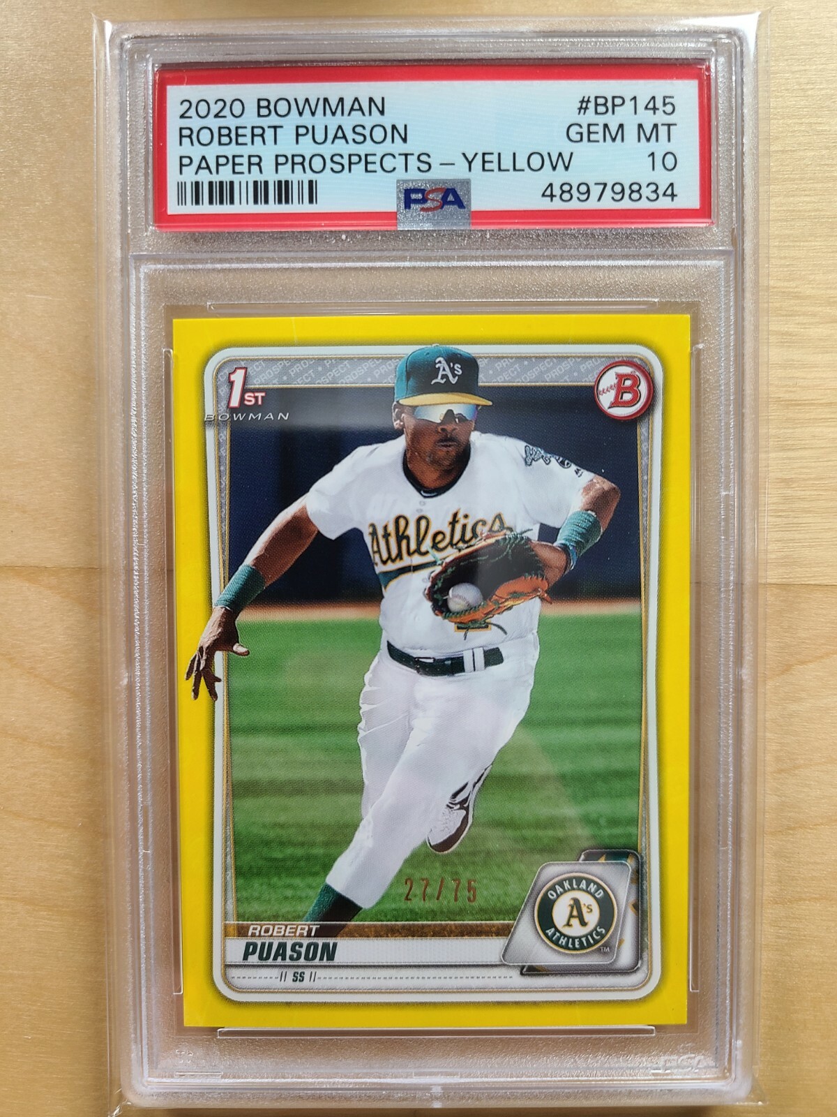 2020 Bowman Prospects Robert Puason BP-145 Yellow Parallel 27/75 PSA 10 A's