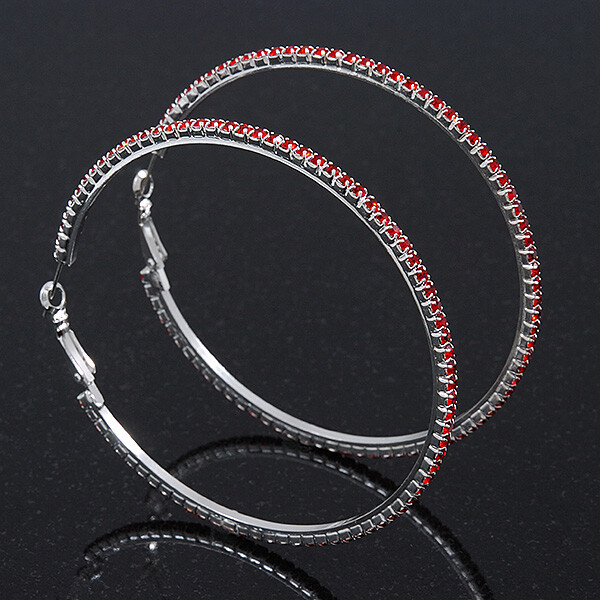 70mm Slim Red Crystal Hoop Earrings In Silver Tone/ Oversized