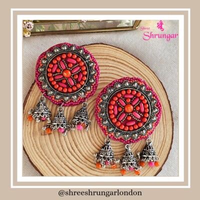 Ohrring oxidiert orange rosa stumpf leicht aus Perlen und Stoffmaterial 