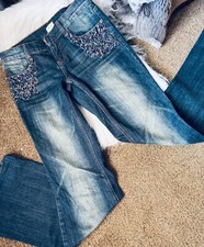 Cache Y2K Bootcut Beaded Jeans, Vntg, Women's Embellished Pockets, Wide Leg Sz 4