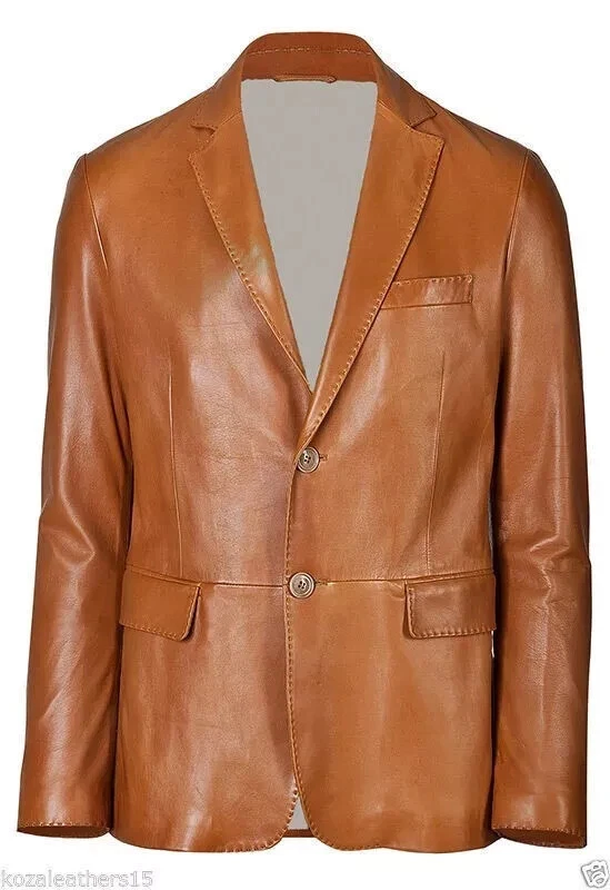Men's Genuine Lambskin Pure Leather Blazer Jacket Two Button Blazer