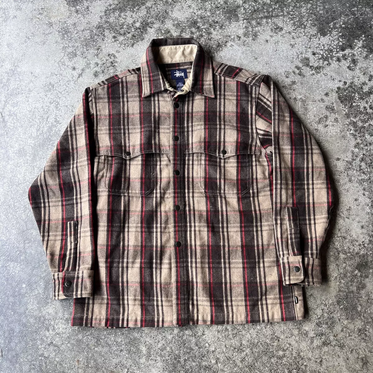 Vintage 90s Y2K Stüssy Plaid Wool Blend Flannel Shirt Mens Sz Large Brown  Skater