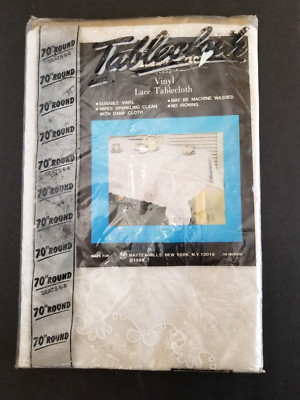 NEW Vintage Maytex Mills White Vinyl Floral Lace Tablecloth, 70'' Round, Unopened