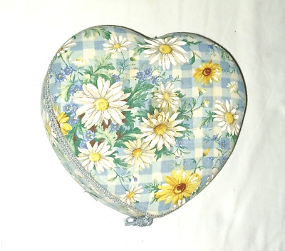 Vintage Blue flowered heart shaped sewing basket box fabric covered 7 1/2'' acros