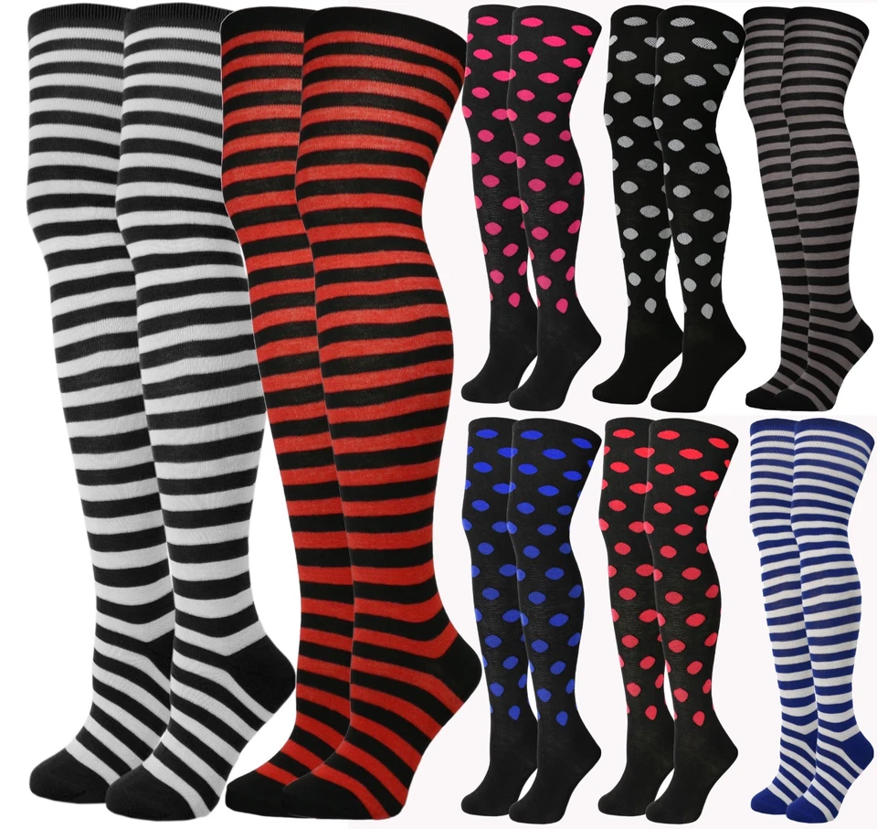 Womens Over The Knee Sexy Solid Striped or Dots Thigh High Socks - Image 2 of 2