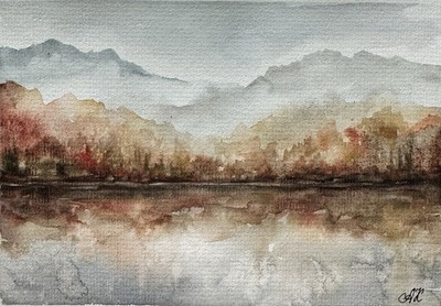 ORIGINAL WATERCOLOR Art Misty Lake Painting Foggy Landscape Watercolor Artwork