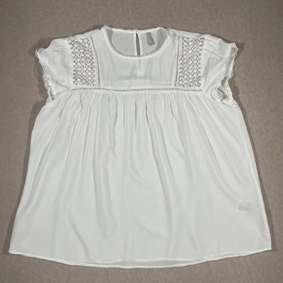 Damen Bluse Weiß Gr. L Boho Spitze Sommer Locker Leicht Viskose