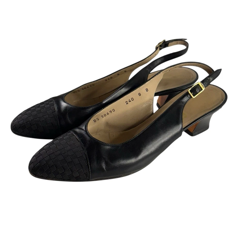 Salvatore Ferragamo Zapatos Mujer 8 Negro Tacón Bajo Tacones Tirantes Punta Tejida Foto 3 de 4