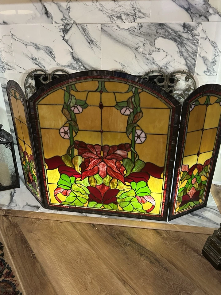 Каминный экран 42 дюйма викторианский цветочный стиль Тиффани витражное стекло 3 панели - Изображение 3 из 4