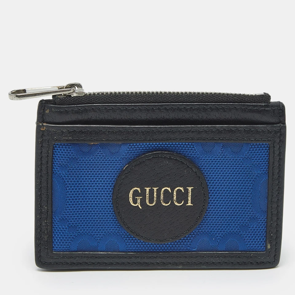 Estuche para tarjetas Gucci azul/negro GG nailon y cuero fuera de la red